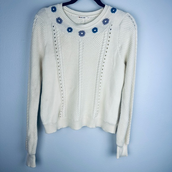 Marine Layer Sweaters - Marine Layer Floral Embroidered Cable Knit Sweater Cream Blue Small 14456
